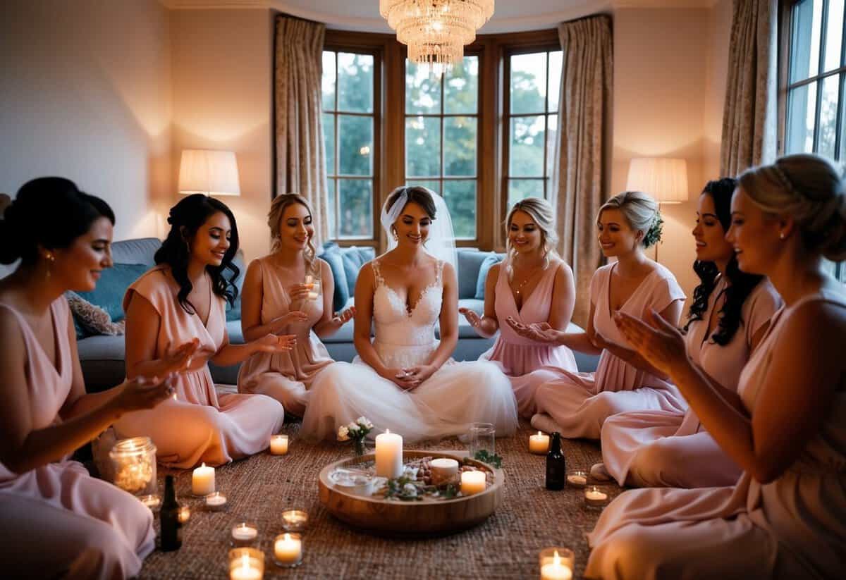The bride and her bridesmaids gather in a cozy, candlelit room, surrounded by soothing music and aromatherapy. They engage in relaxation exercises and share heartfelt moments to cultivate a sense of calm and unity before the big day