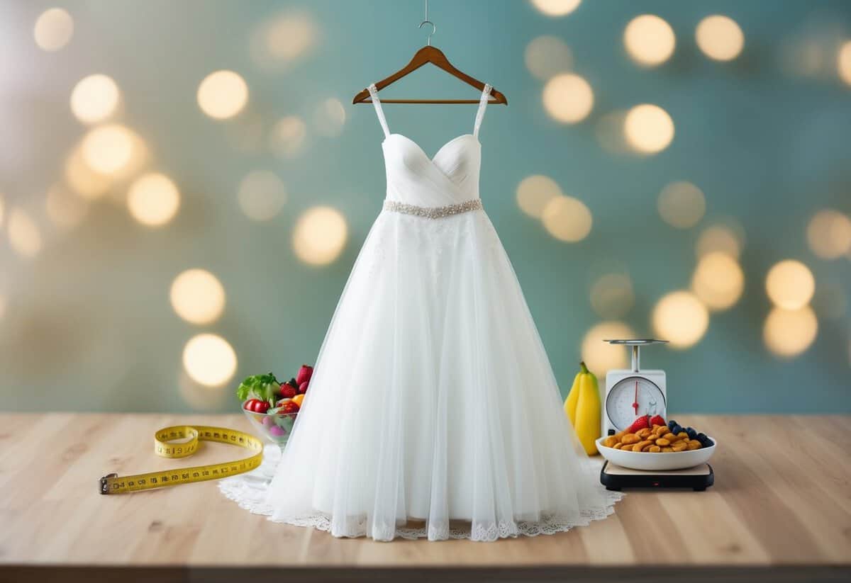 A wedding dress hanging on a hanger, surrounded by a tape measure, scale, and healthy food