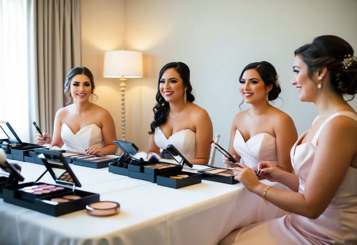 Bridesmaids sit in a well-lit room, each with a makeup station. Brushes, palettes, and mirrors cover the table as they prepare for the wedding