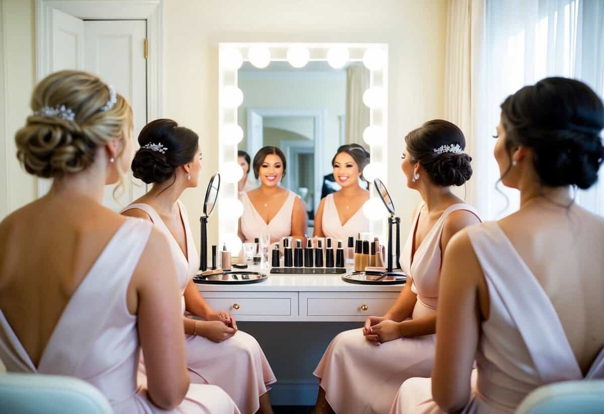A group of bridesmaids sitting in front of mirrors, getting their makeup done by a professional artist in a bright and elegant bridal suite