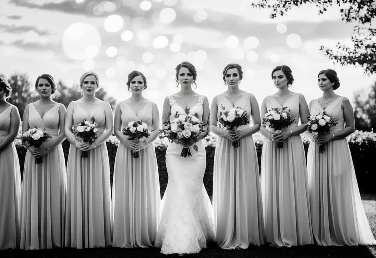 A group of bridesmaids stand in a line, each holding a bouquet. The first bridesmaid steps forward, while the others stand behind her, waiting their turn