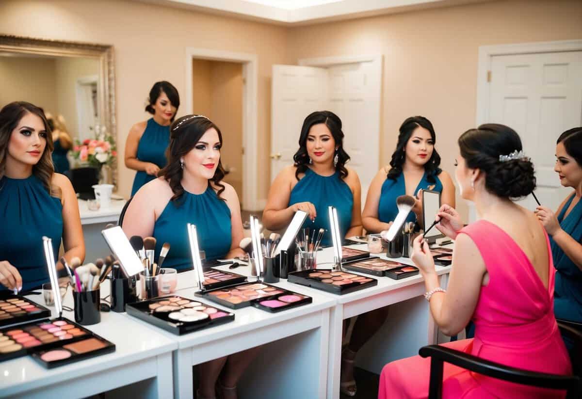 Bridesmaids sit in a well-lit, spacious room, each at their own makeup station. Mirrors, brushes, and palettes cover the tables as they apply their final touches