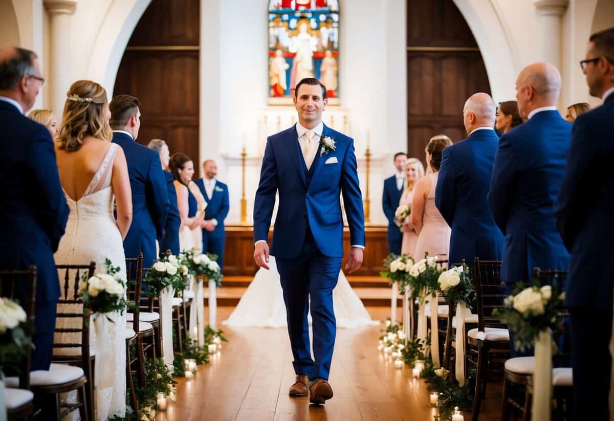 The groom leads the wedding procession, walking with confidence and anticipation towards the altar