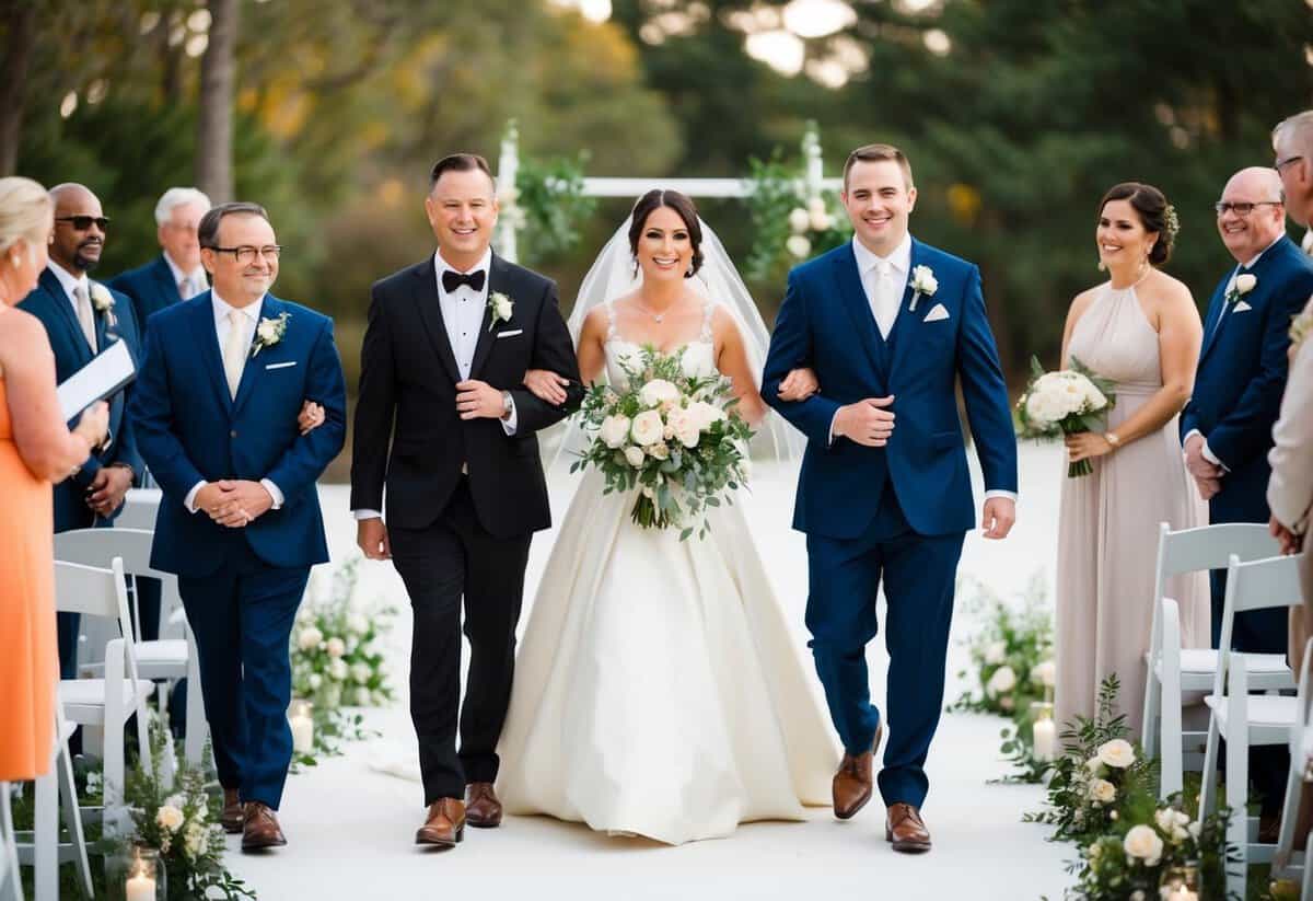 The groom leads the procession, followed by the officiant and the best man, as they make their way to the ceremony space