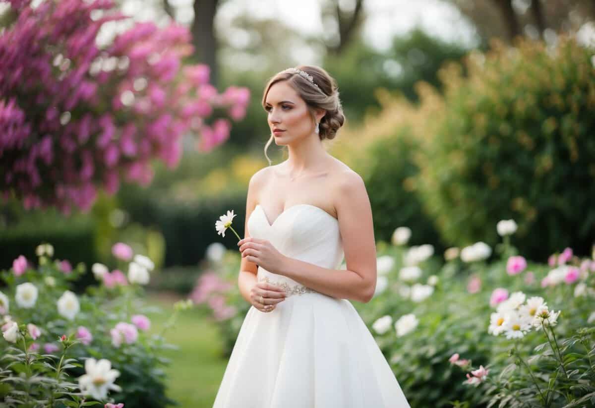 A bride stands alone in a garden, surrounded by blooming flowers. She looks contemplative, holding a single flower in her hand