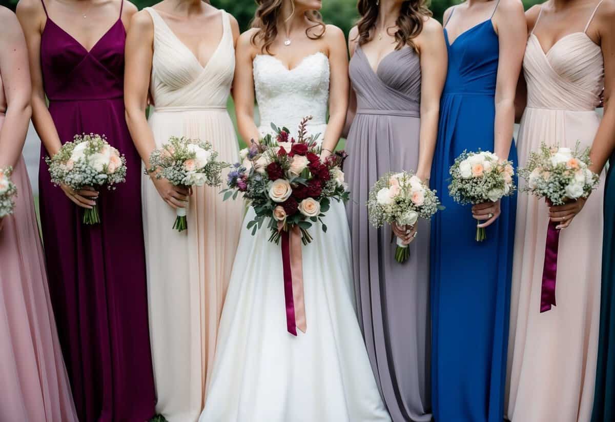 A group of bridesmaid dresses lined up, varying in color and style, with a bouquet of flowers placed in the center