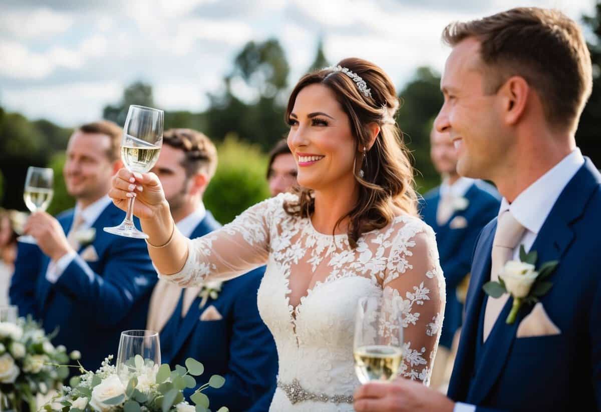 A woman raises a glass, smiling at the groom. Others listen attentively, holding their own glasses