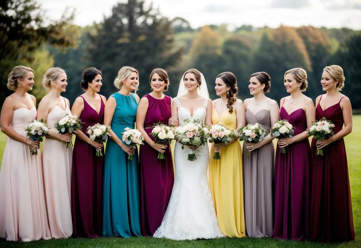 A group of bridesmaids in various dresses standing in a line, holding bouquets, with a bride in the center