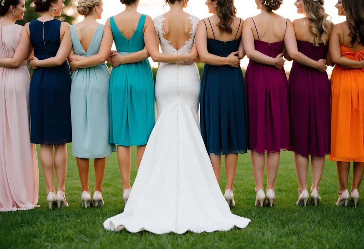 A group of bridesmaid dresses in various colors and styles arranged in a line, with a bride's dress in the center