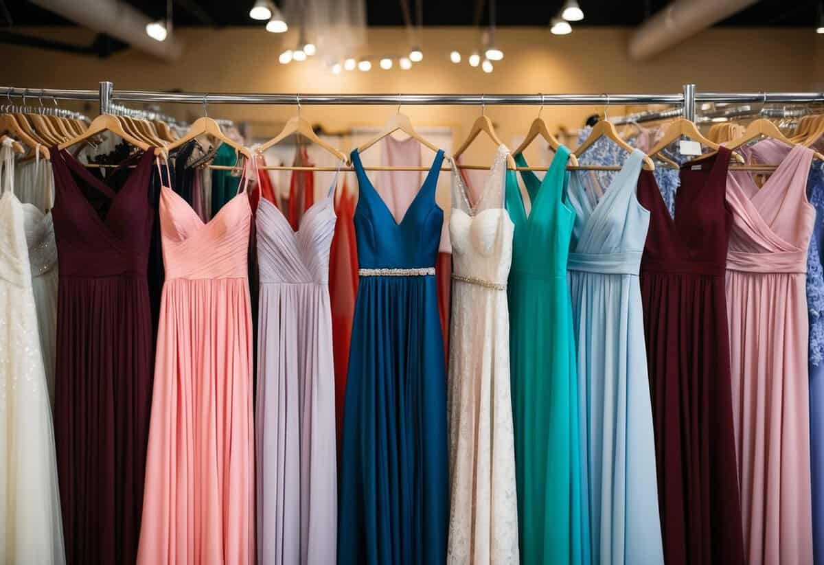 A group of bridesmaid dresses in various colors and styles displayed on racks in a bridal shop showroom