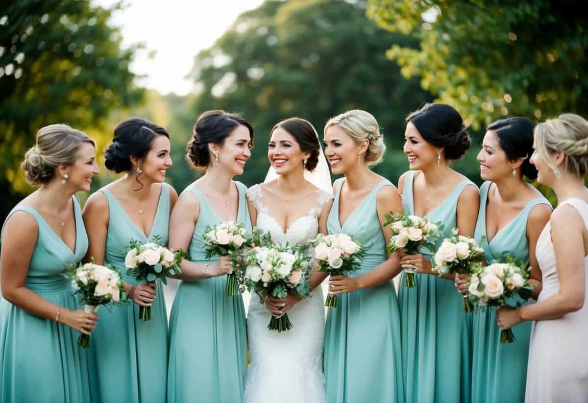 A group of bridesmaids in elegant dresses gather for a pre-wedding celebration, holding bouquets and chatting joyfully