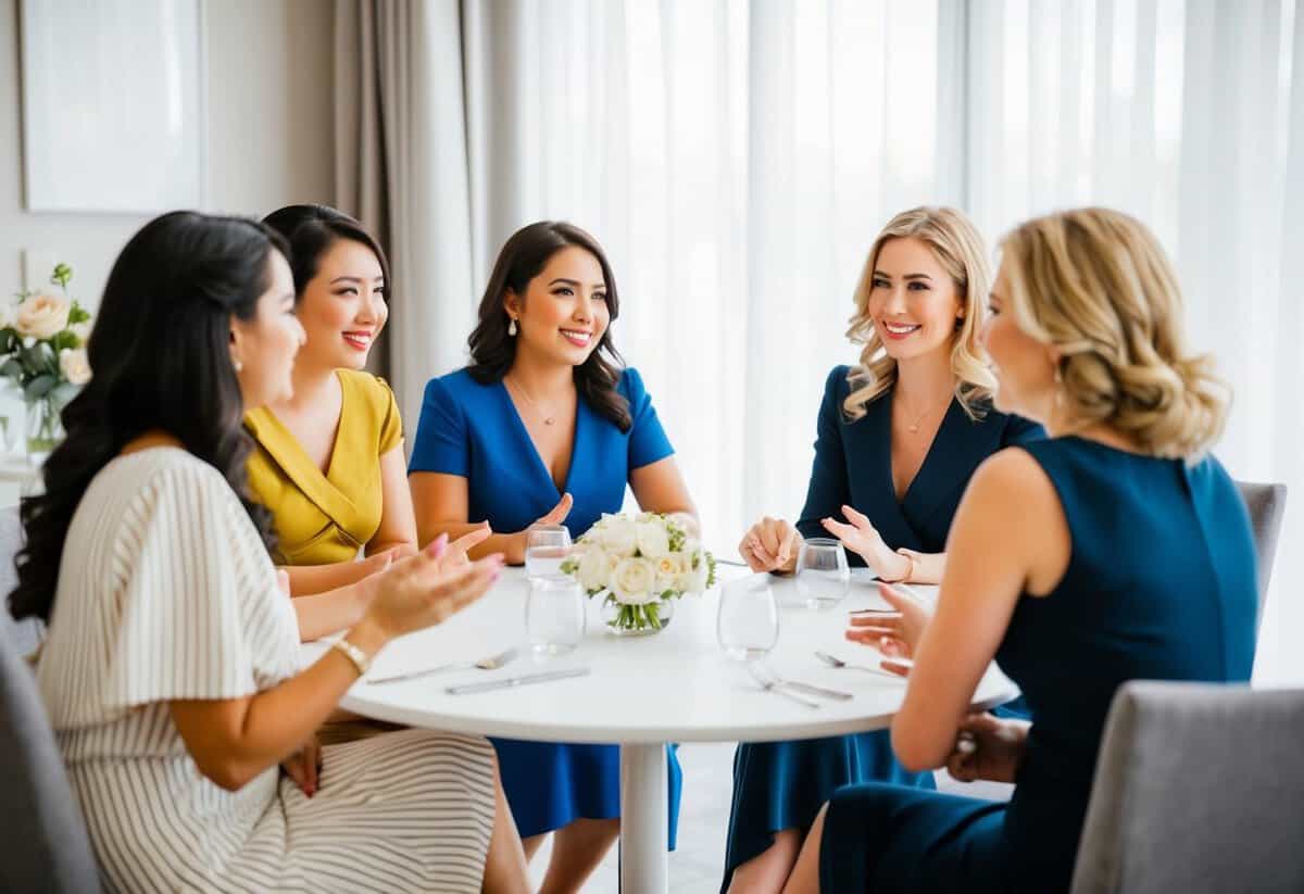 A group of women sitting around a table, discussing and comparing the qualities of potential maid of honor candidates for a wedding