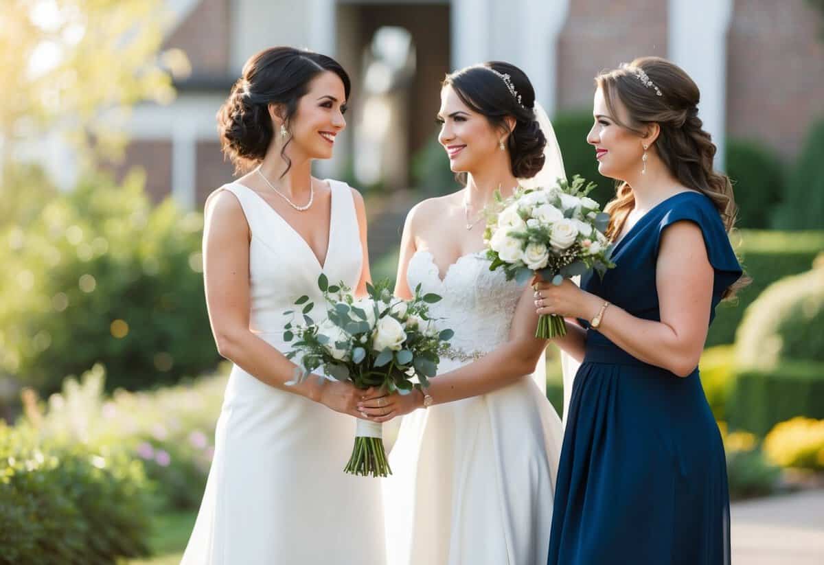 A maid of honor holding a bouquet and standing beside the bride, offering support and assistance on her wedding day