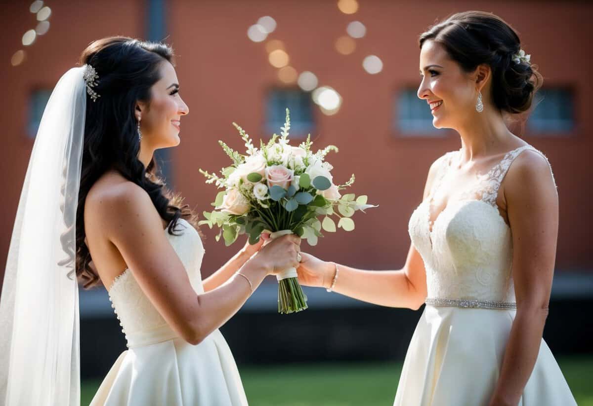 A woman in a long dress handing a bouquet to the bride