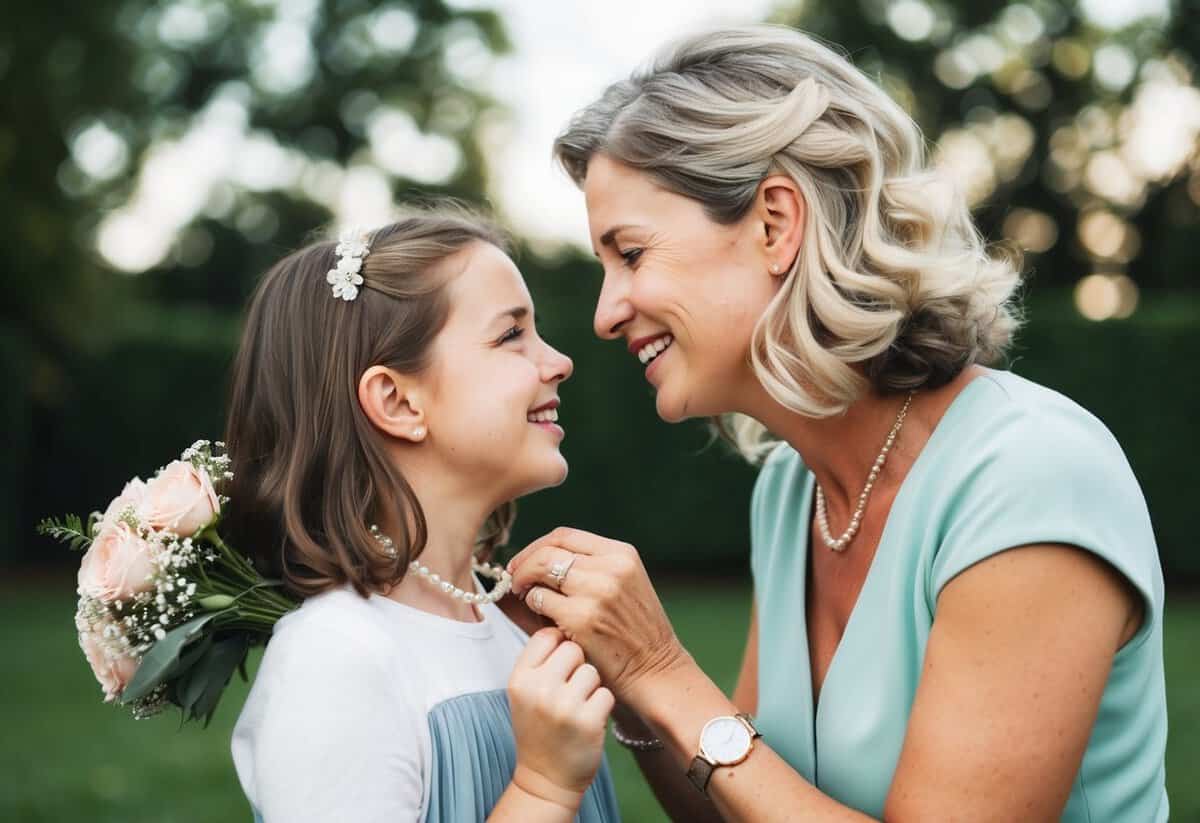A mother and daughter sharing a tender moment, with the daughter holding a bouquet and the mother placing a necklace around her neck
