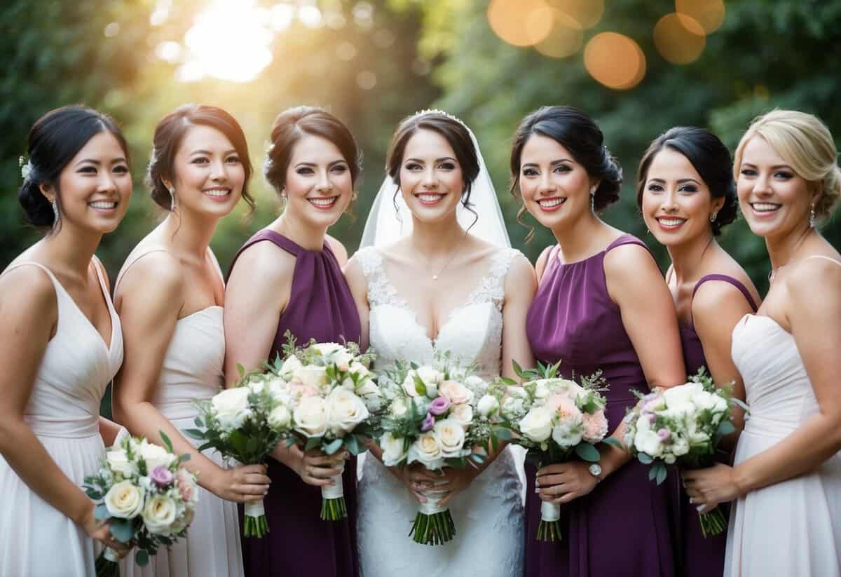A group of bridesmaids standing together, smiling and holding bouquets