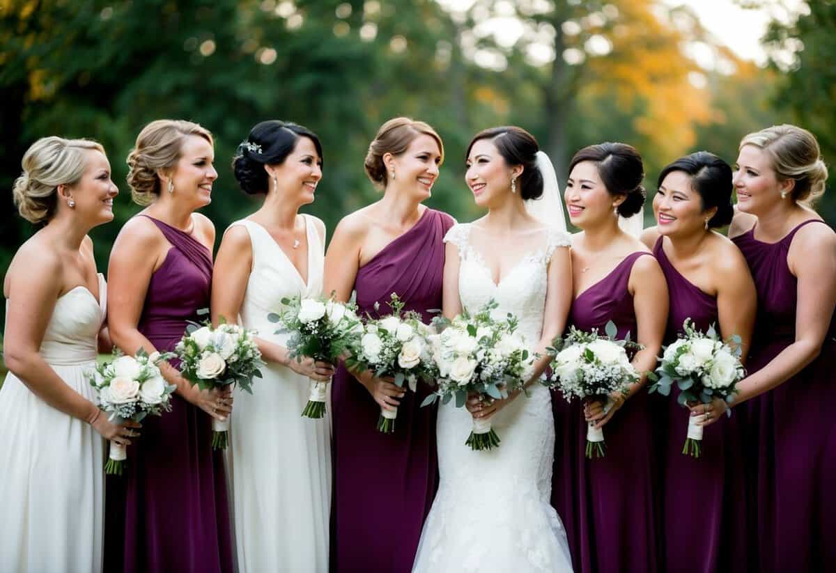 A group of bridesmaids standing together, each holding a bouquet, with no one standing out as the maid of honor