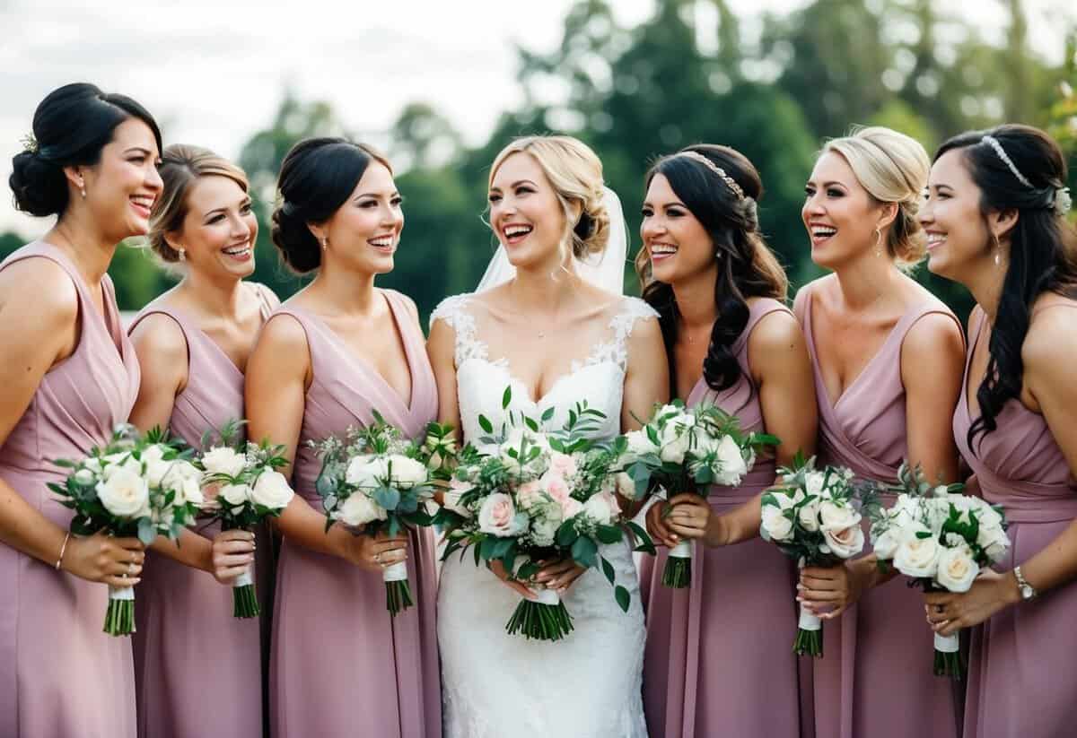 A group of bridesmaids stand together, each holding a bouquet. They are smiling and chatting, looking happy and supportive
