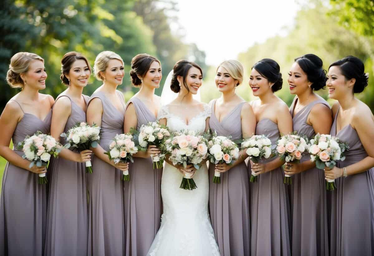 A group of bridesmaids standing together, each holding a bouquet, with no one standing out as the maid of honor