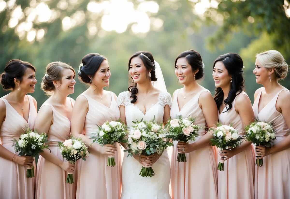 A group of bridesmaids standing together, each holding a bouquet, with no one standing out as the designated maid of honor