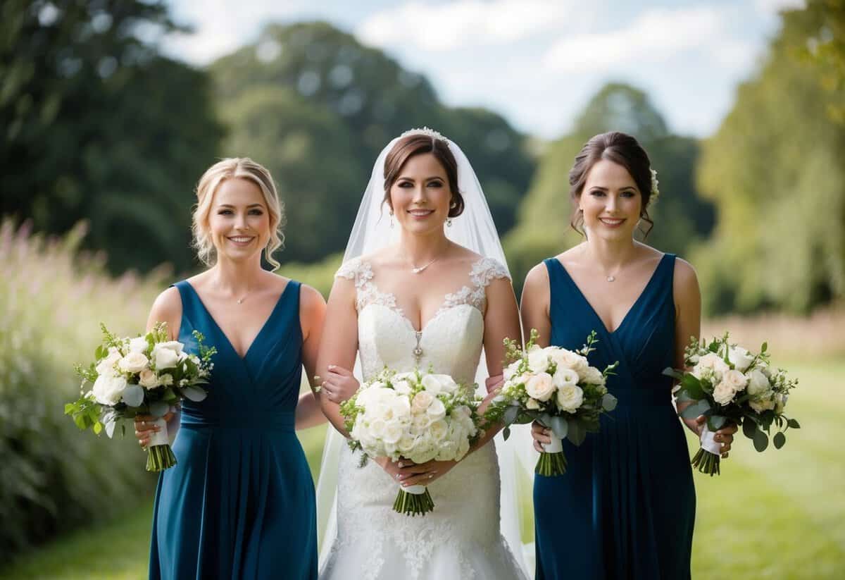 The matron of honor stands in the center, while the maid of honor stands slightly behind and to the left, both holding bouquets