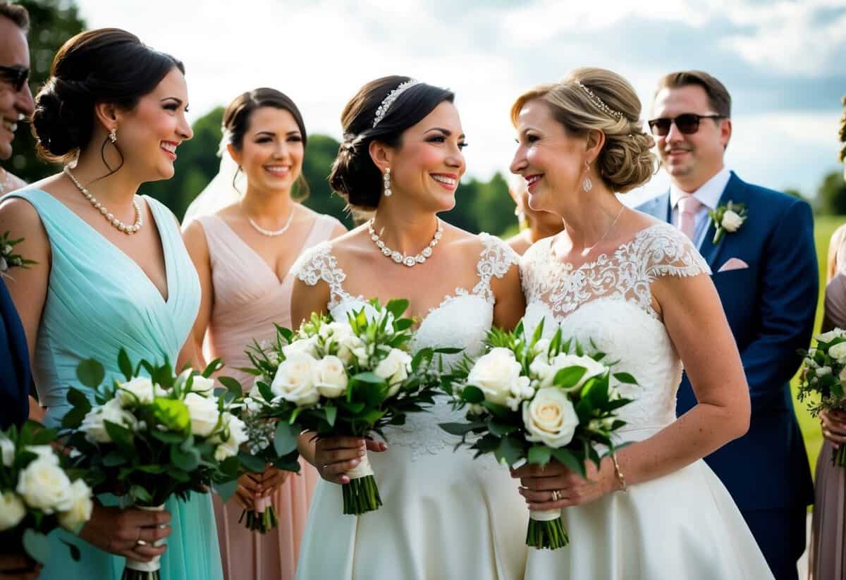 A maid of honor and a matron of honor stand together, holding bouquets and chatting, surrounded by the wedding party