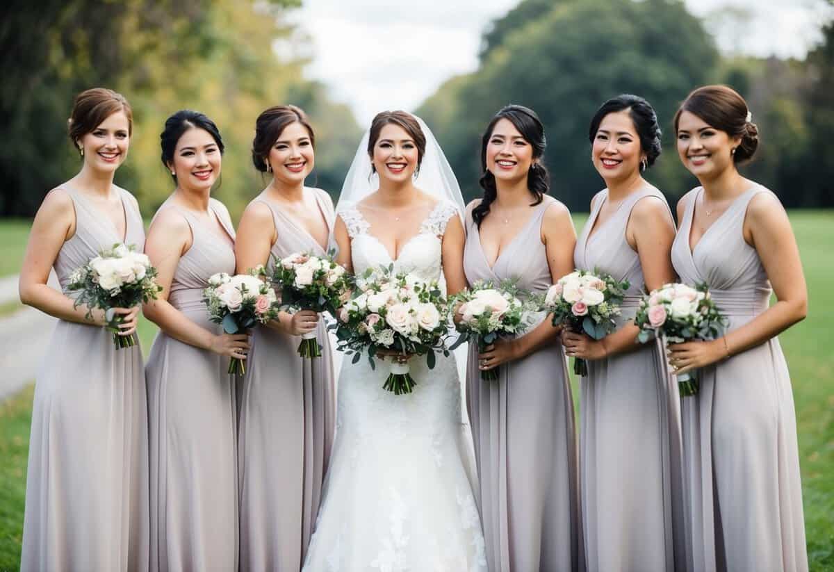 A group of bridesmaids standing in a line, holding bouquets and smiling, with a bride in the center