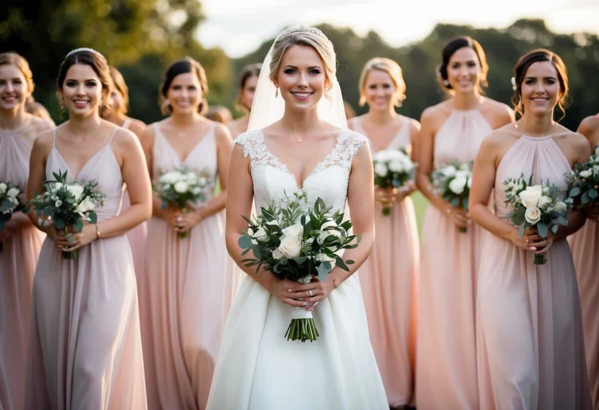 A maid of honor stands in the center, surrounded by bridesmaids. She holds a bouquet and wears a distinct dress, suggesting her elevated status