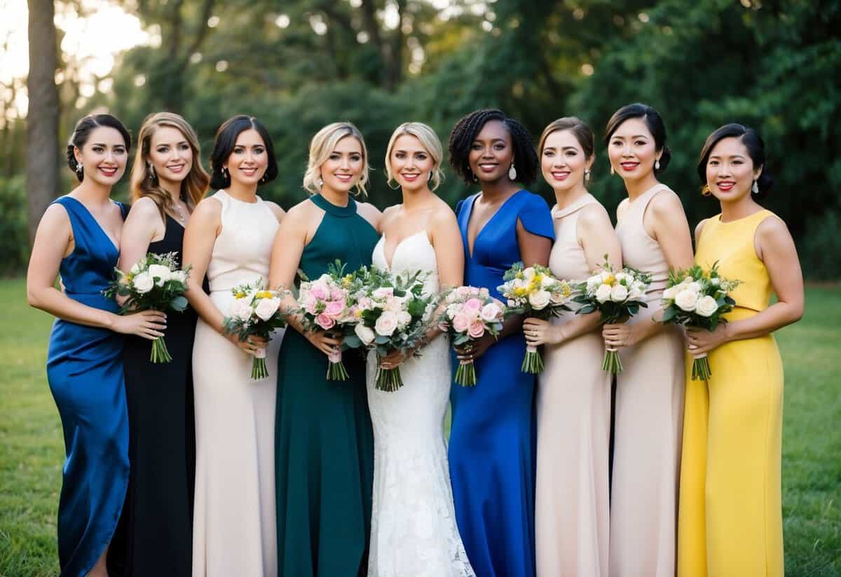 A group of diverse women in modern attire stand together, each holding a unique bouquet. They exude confidence and individuality, challenging traditional bridesmaid norms