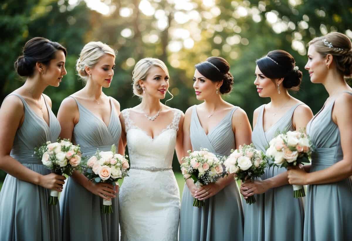 A group of bridesmaids discussing dress options and holding bouquets