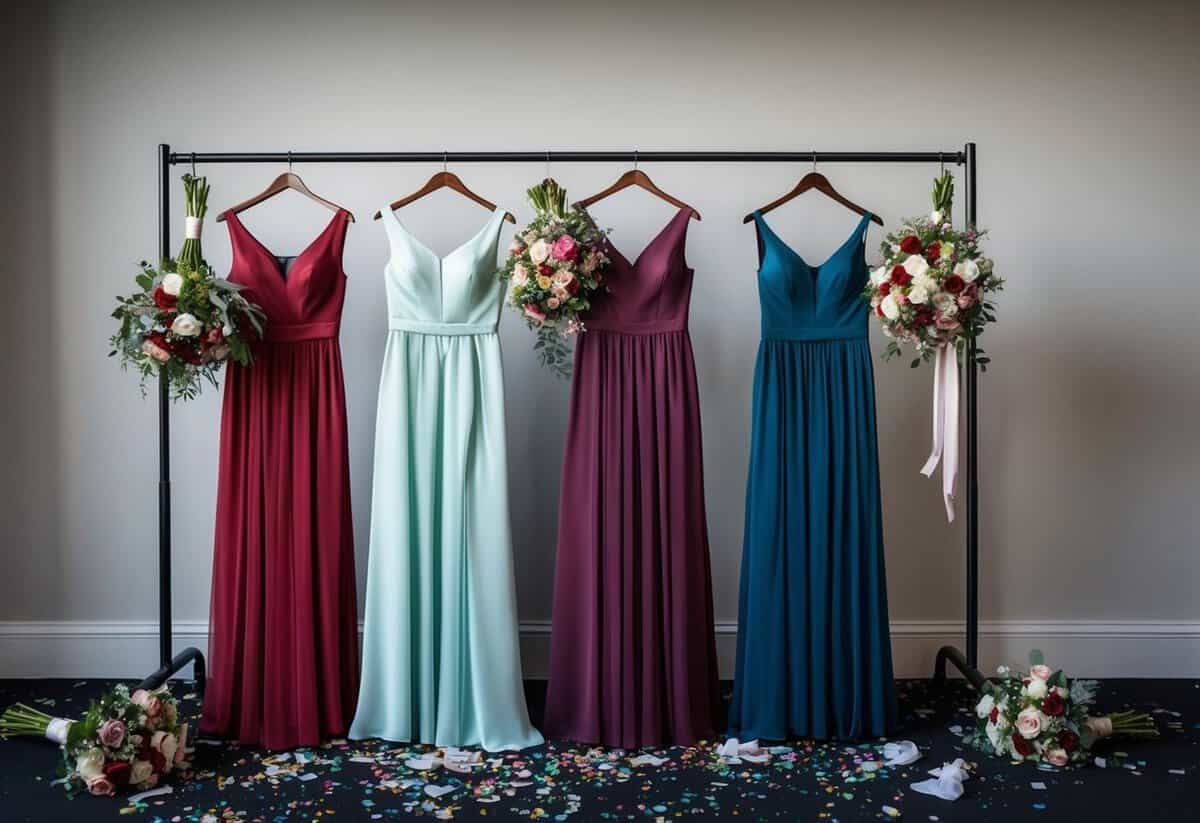 A row of three bridesmaid dresses hung on a rack, each a different color and style, surrounded by discarded bouquets and scattered confetti