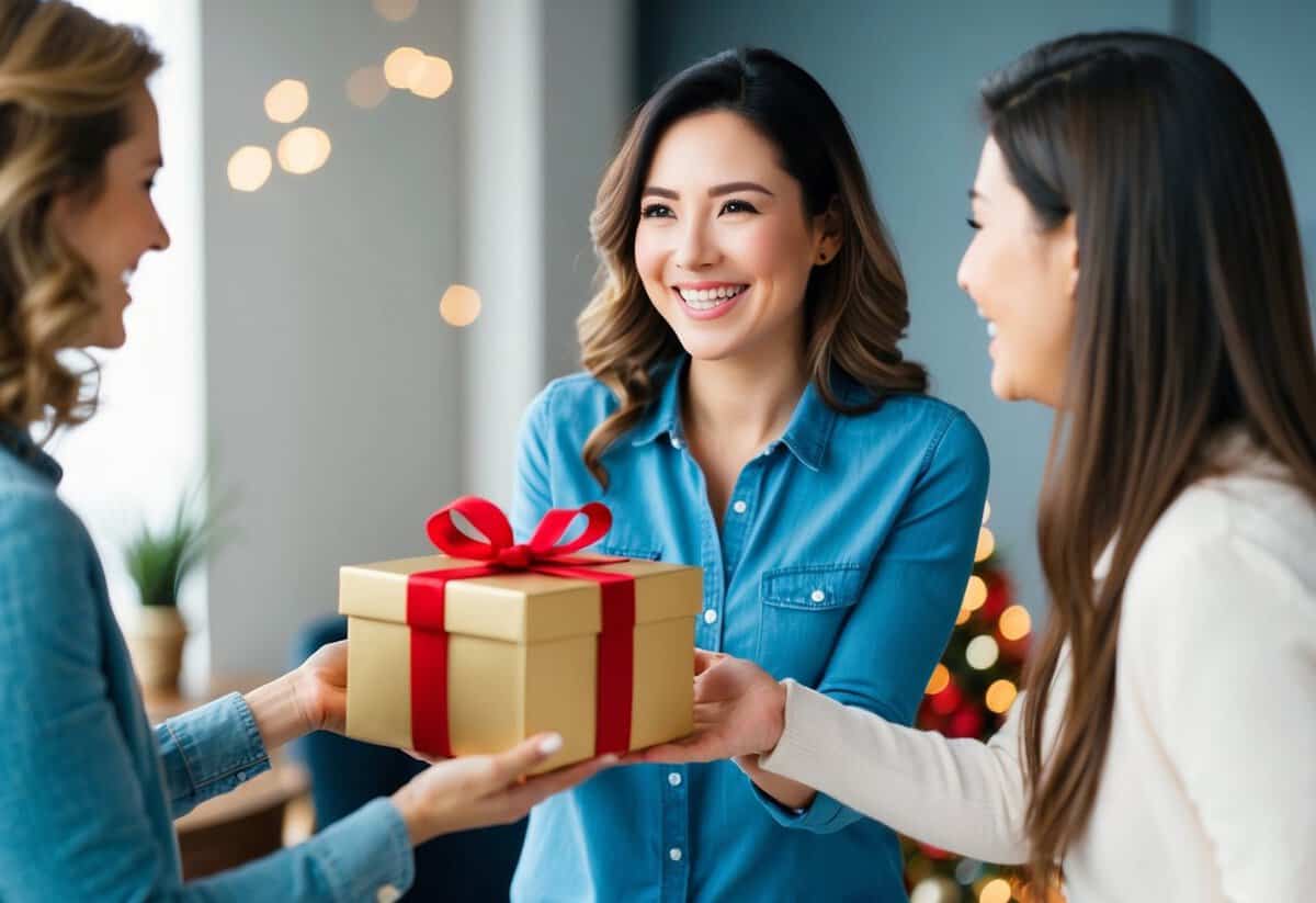 A woman presents a gift box to another woman, smiling and holding out the box with excitement