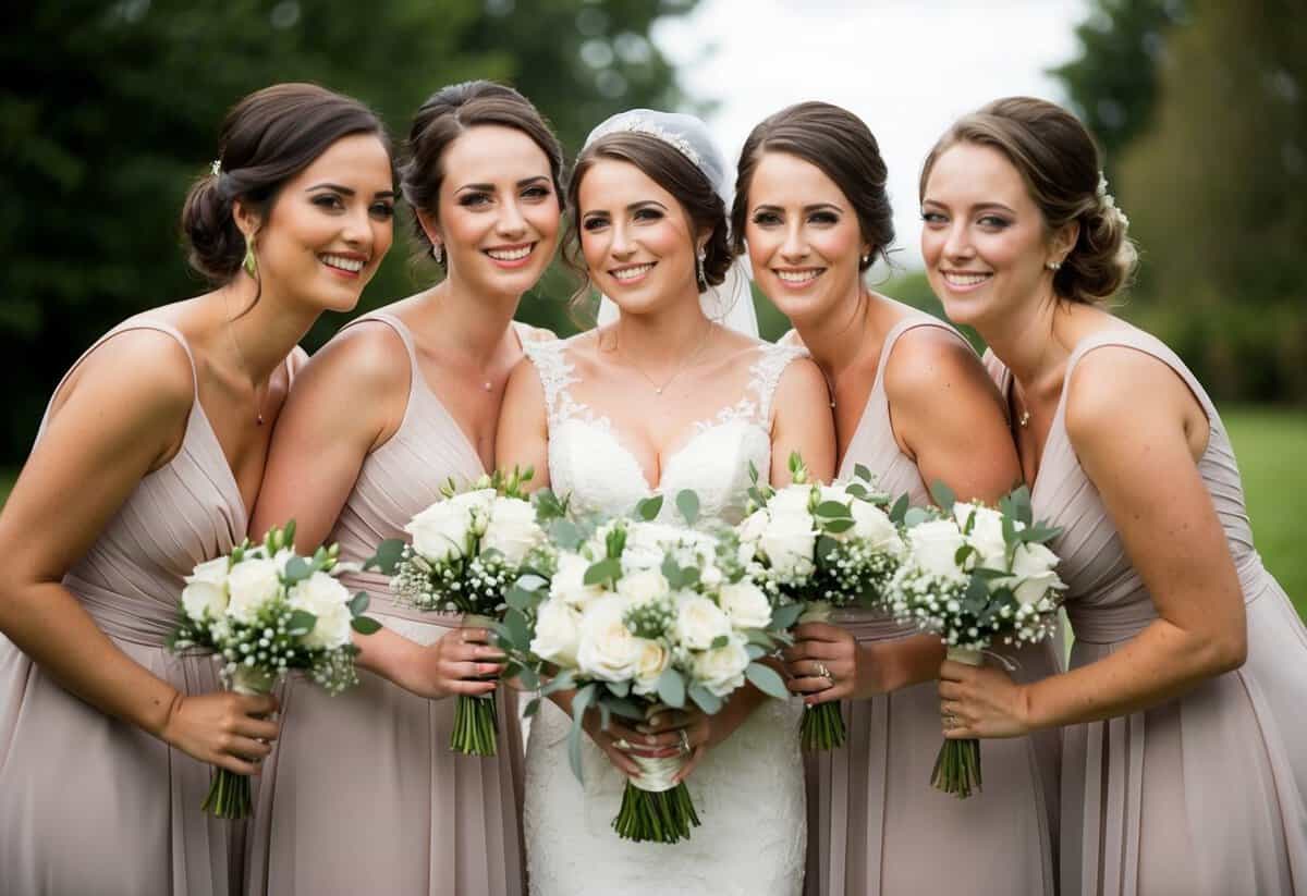 A group of three bridesmaids, each holding a bouquet, stand together with smiles on their faces. The bride, in the center, looks grateful and happy as she embraces her friends