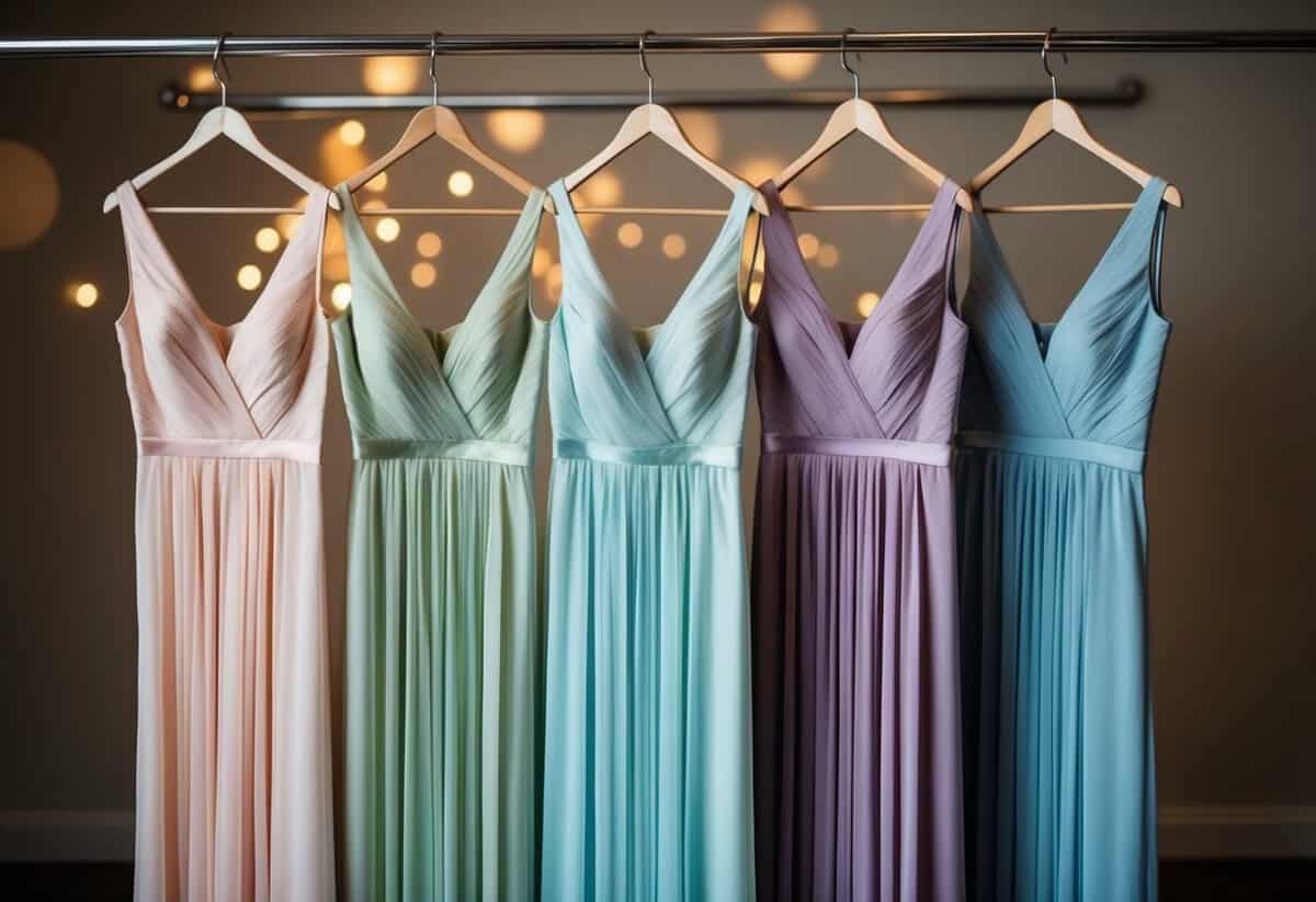 A row of three elegant bridesmaid dresses in different colors, hanging on a rack with soft lighting highlighting their intricate details and flowing fabrics