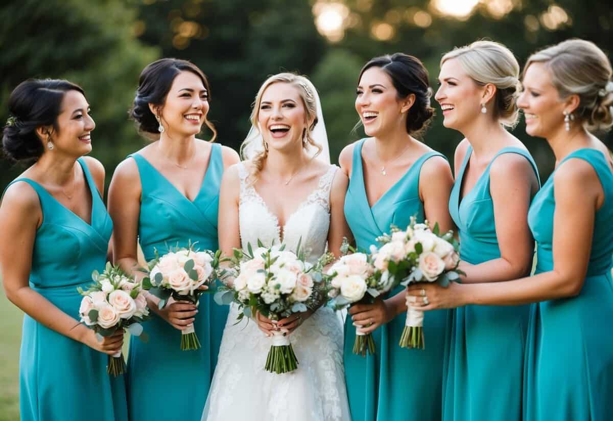A group of bridesmaids in modern attire, standing together with joyful expressions, holding bouquets and chatting happily