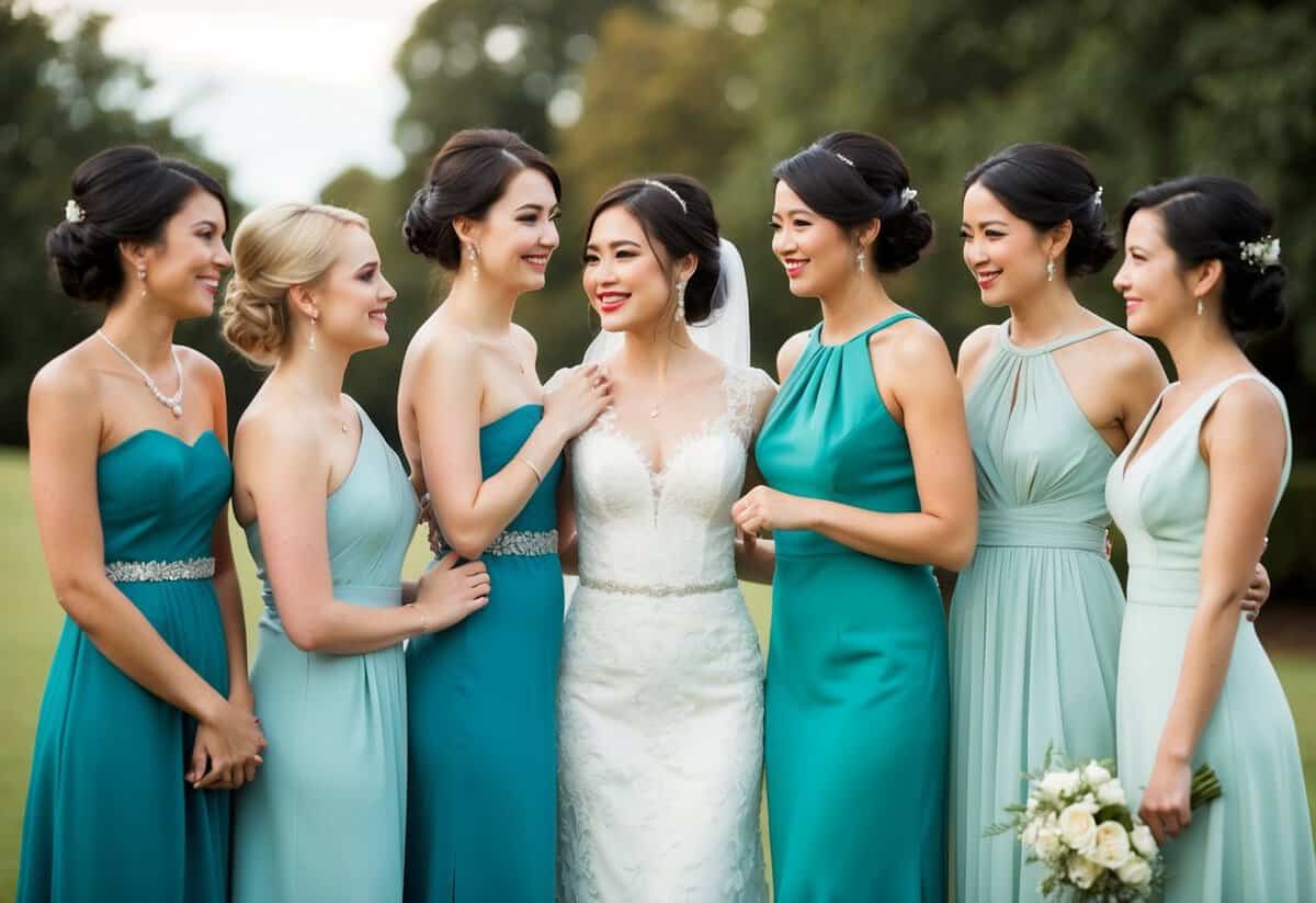 A group of women in elegant dresses stand together, with one woman wearing a slightly different dress, indicating her role as the maid of honor