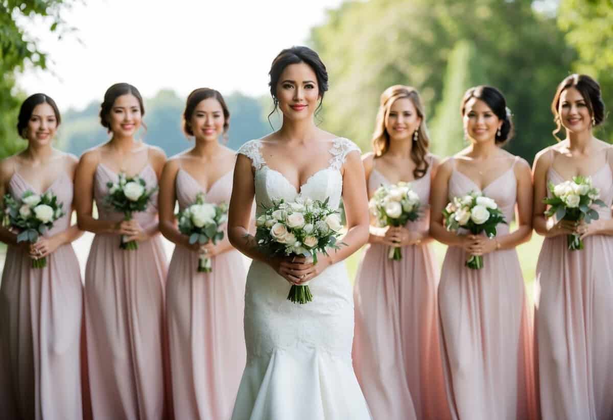 A maid of honor stands out from a group of bridesmaids, holding a bouquet and wearing a slightly different dress. She exudes confidence and importance