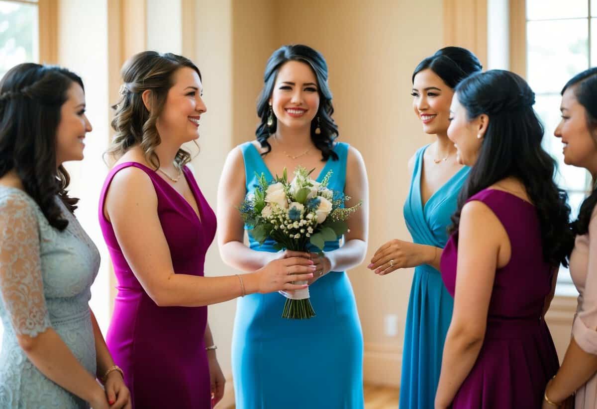 A group of women standing in a circle, one woman holding a bouquet and asking another to be her bridesmaid