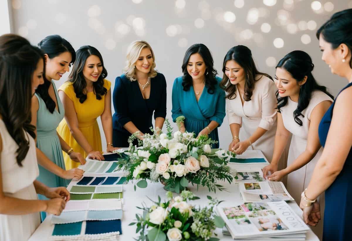 A group of women gather around a table covered in fabric swatches, floral arrangements, and wedding magazines. They discuss and plan for the upcoming wedding