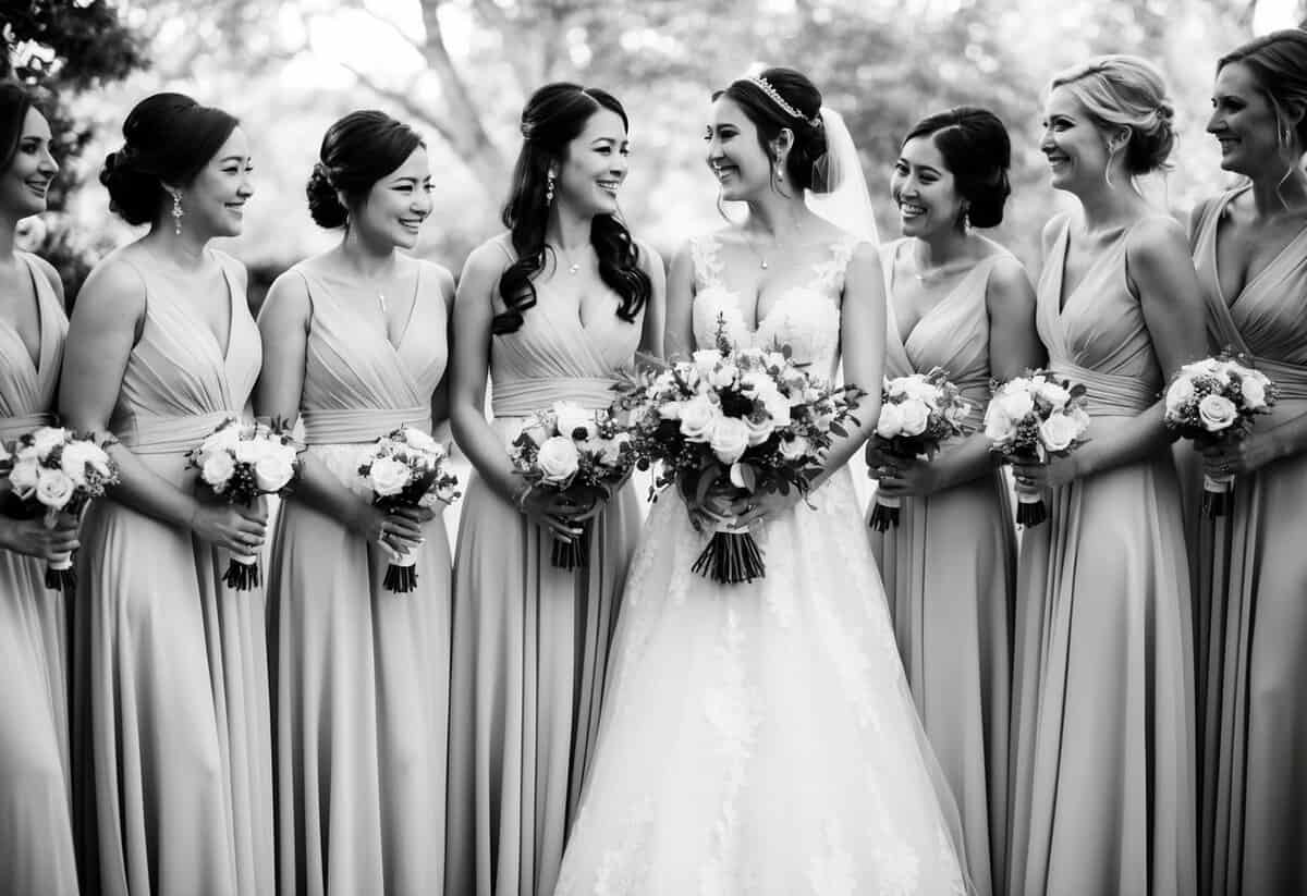A woman in a floor-length dress holds a bouquet while standing beside the bride, surrounded by other women in similar attire