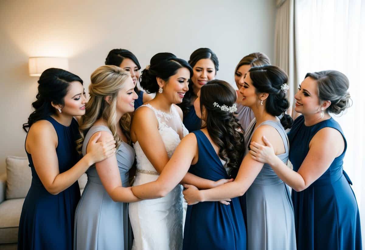 A group of bridesmaids huddle together, offering emotional support and friendship to the maid of honor as they prepare for the wedding