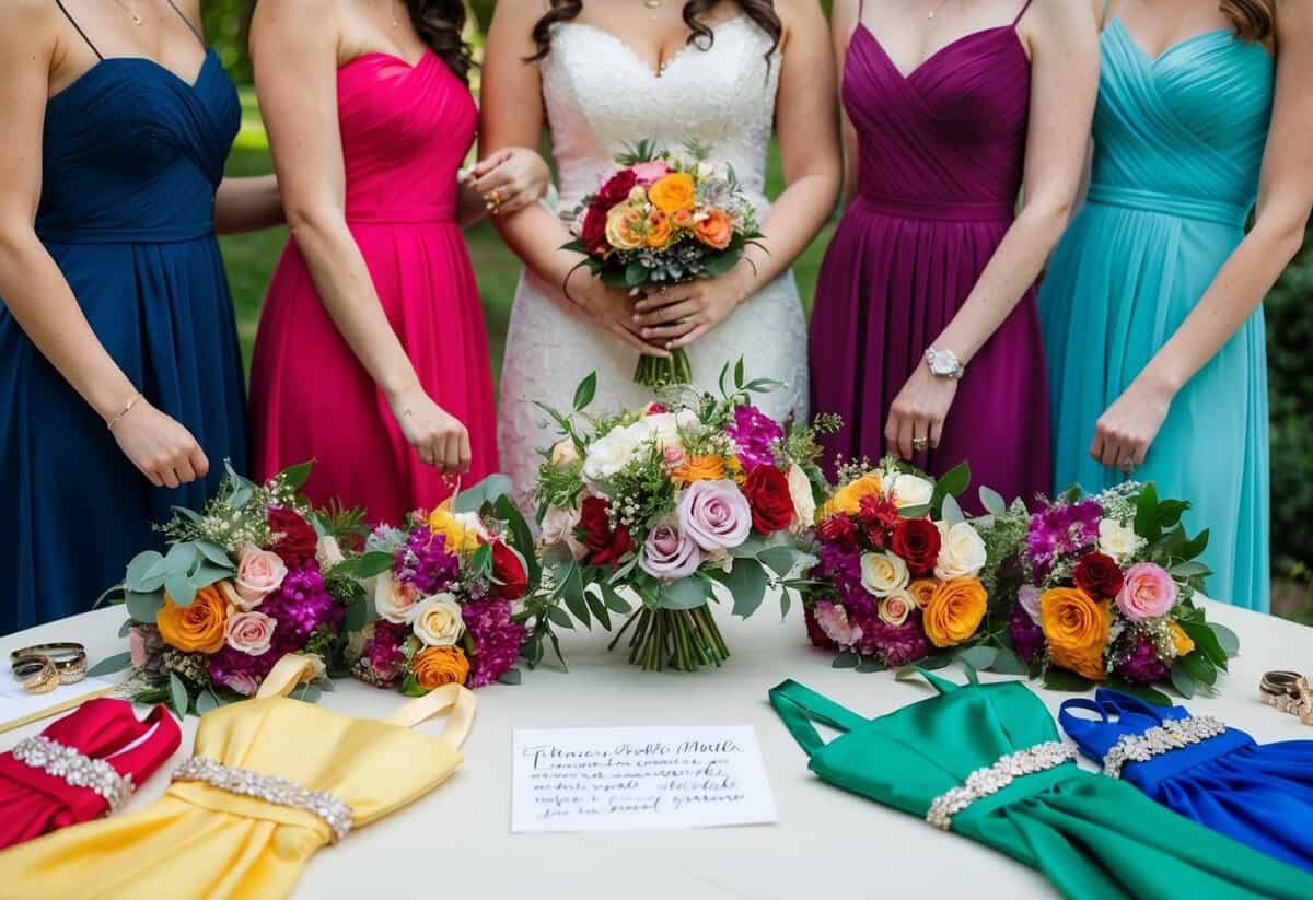 A group of colorful bridesmaid dresses and accessories arranged on a table, with a bouquet of flowers and a handwritten note