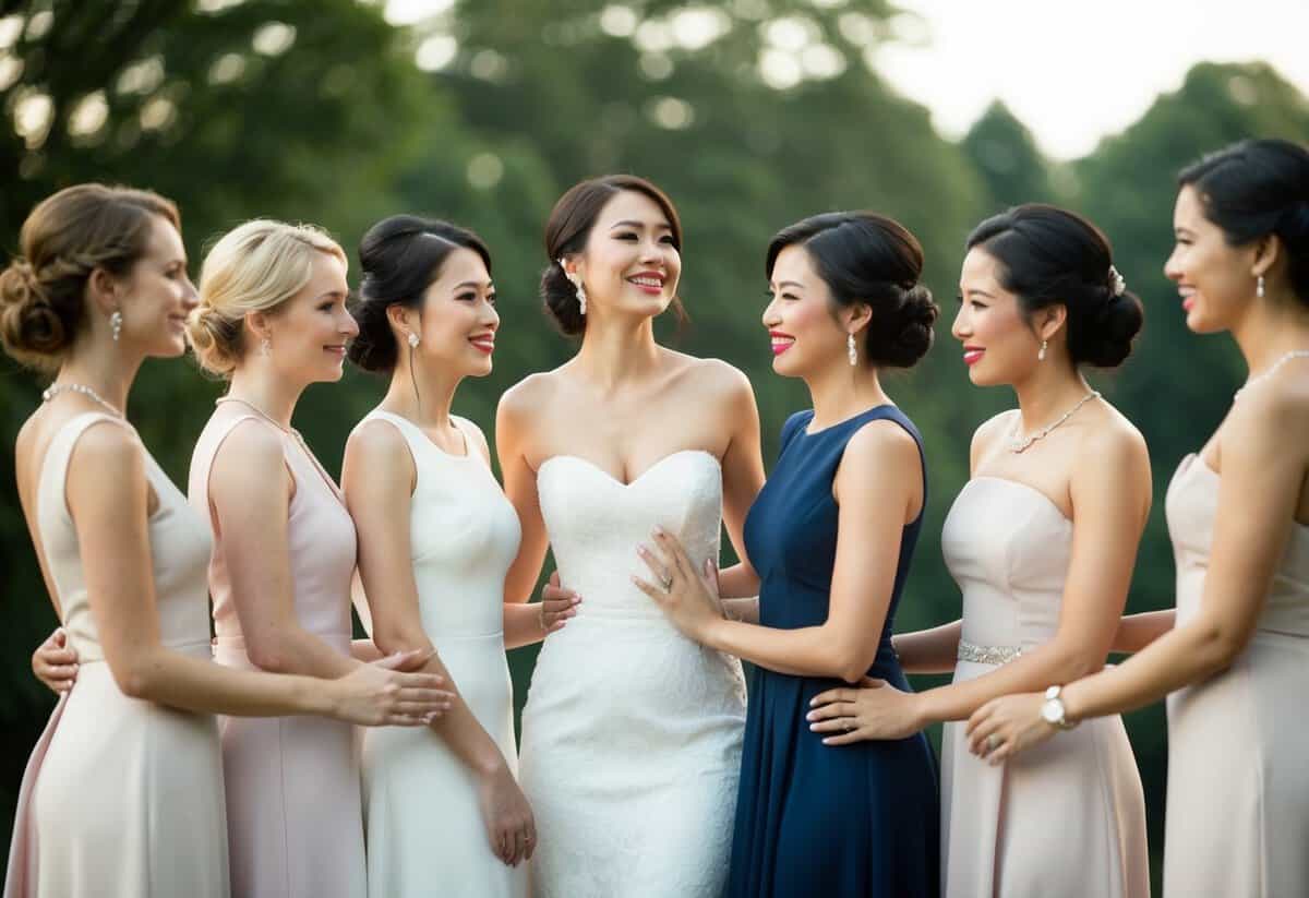 A group of women in elegant dresses stand together, with one woman in the center slightly elevated and surrounded by the others