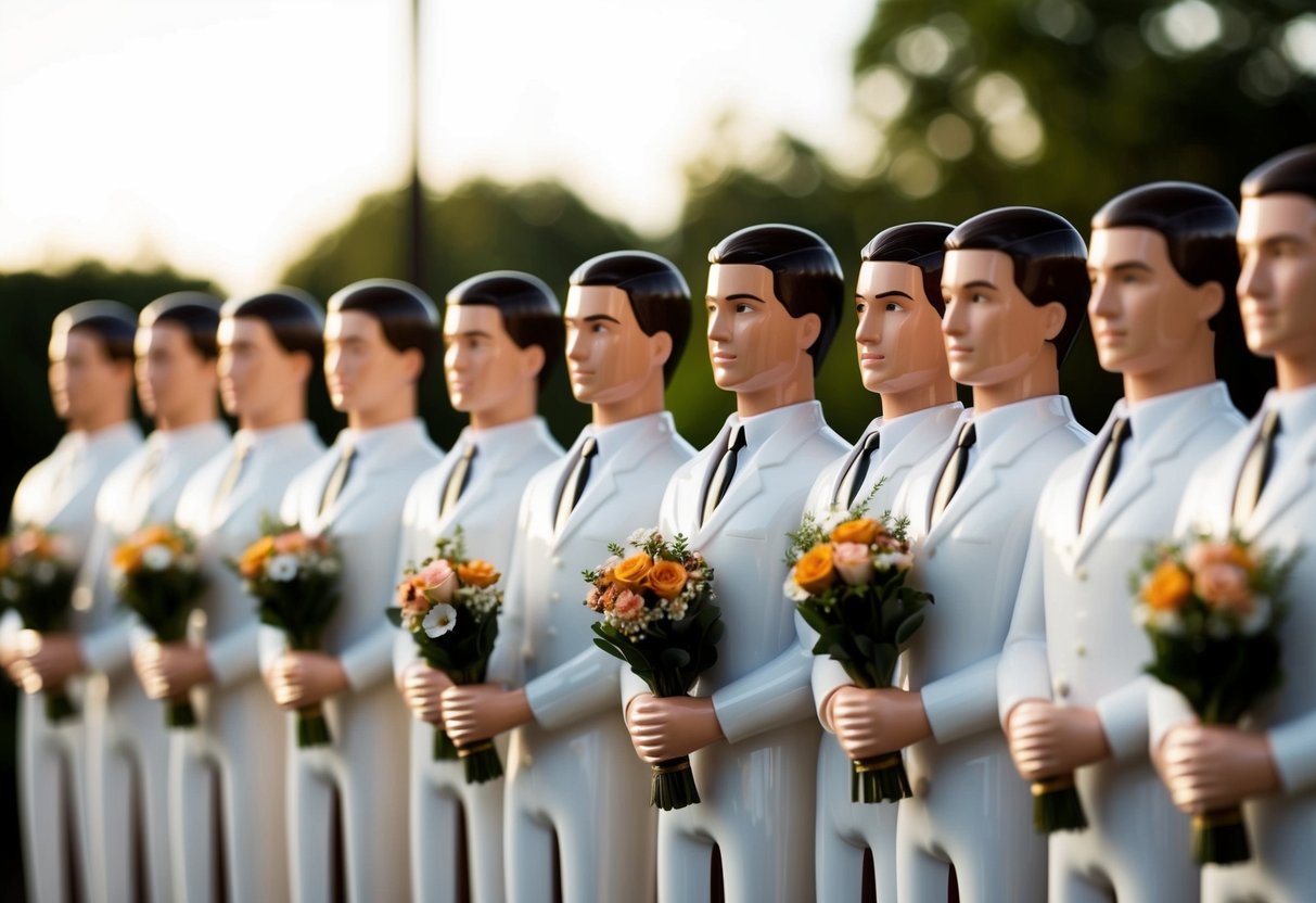 A group of identical figures stand in a row, each holding a bouquet