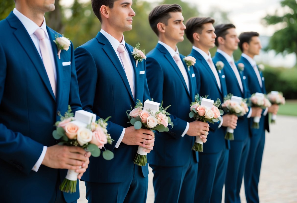 A group of identical suited figures stand in a line, each holding a bouquet of flowers and a ring box