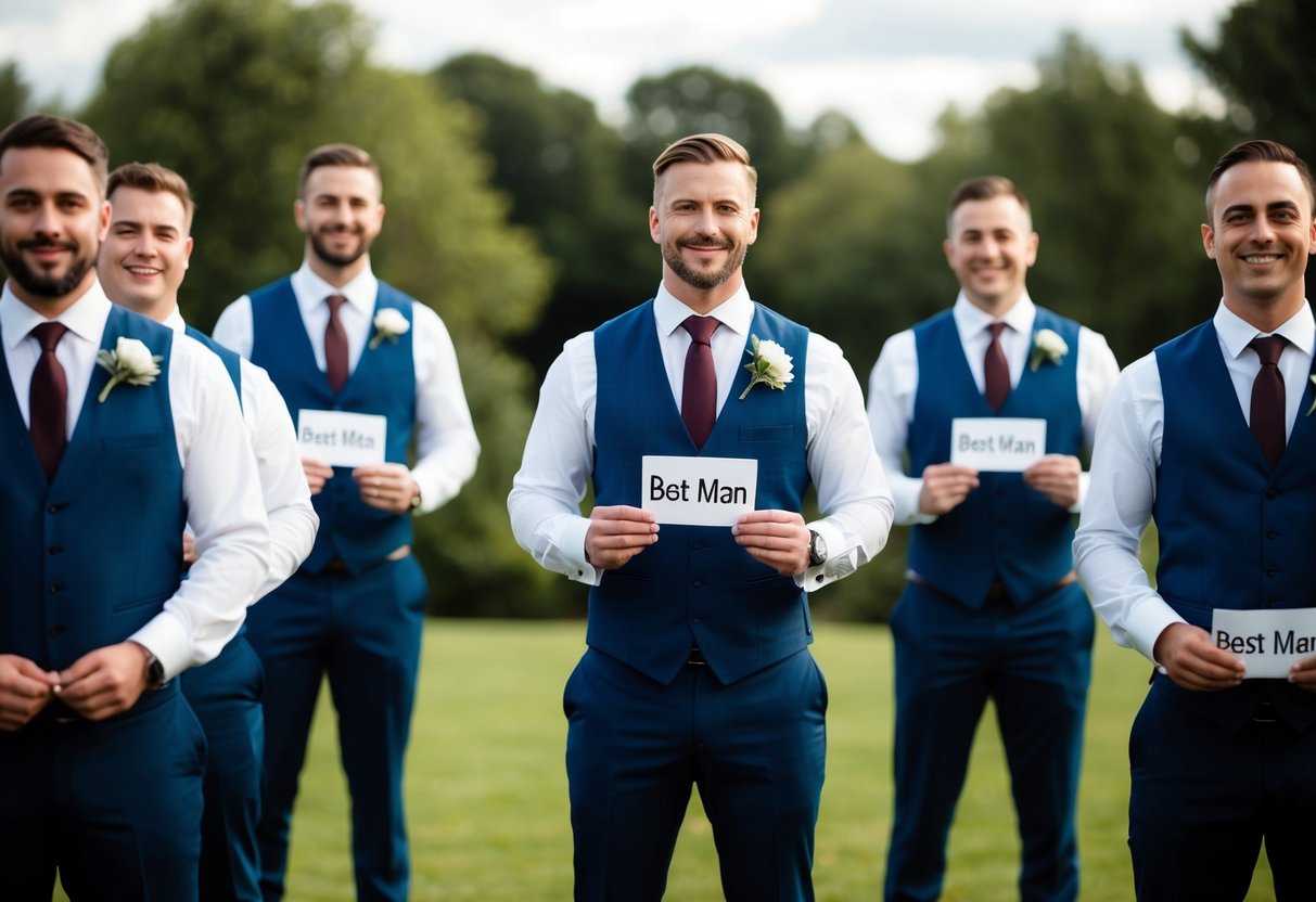 A group of multiple best men standing together in a line, each holding a piece of paper with the word "best man" written on it