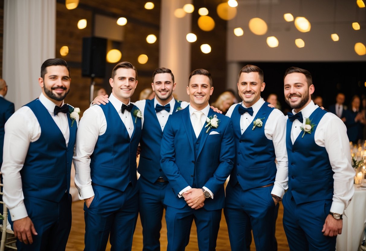 A group of best men stand together at a wedding ceremony and reception, smiling and celebrating with the newlyweds