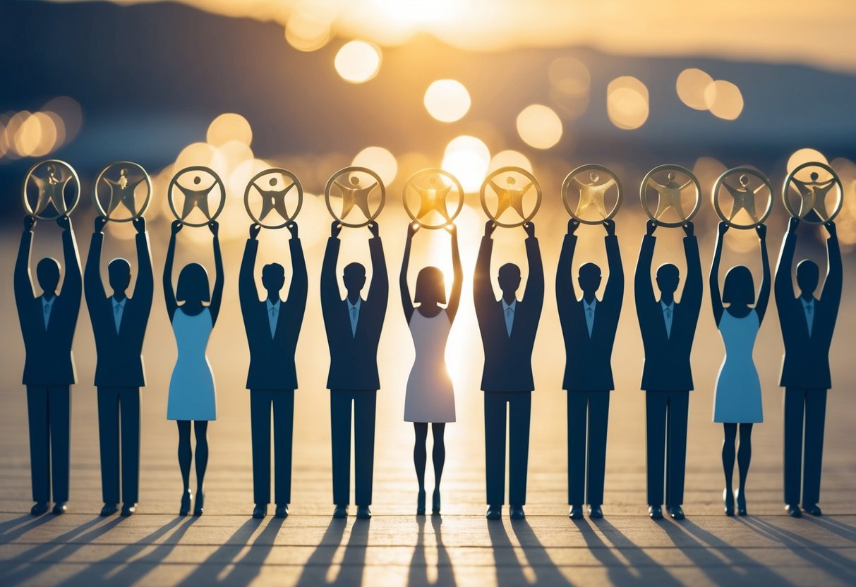 A group of figures standing in a circle, each holding up a symbol of strength and unity