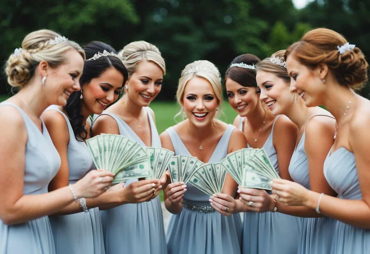 A group of bridesmaids pooling money for expenses, including dresses, hair, and makeup for a wedding in the UK