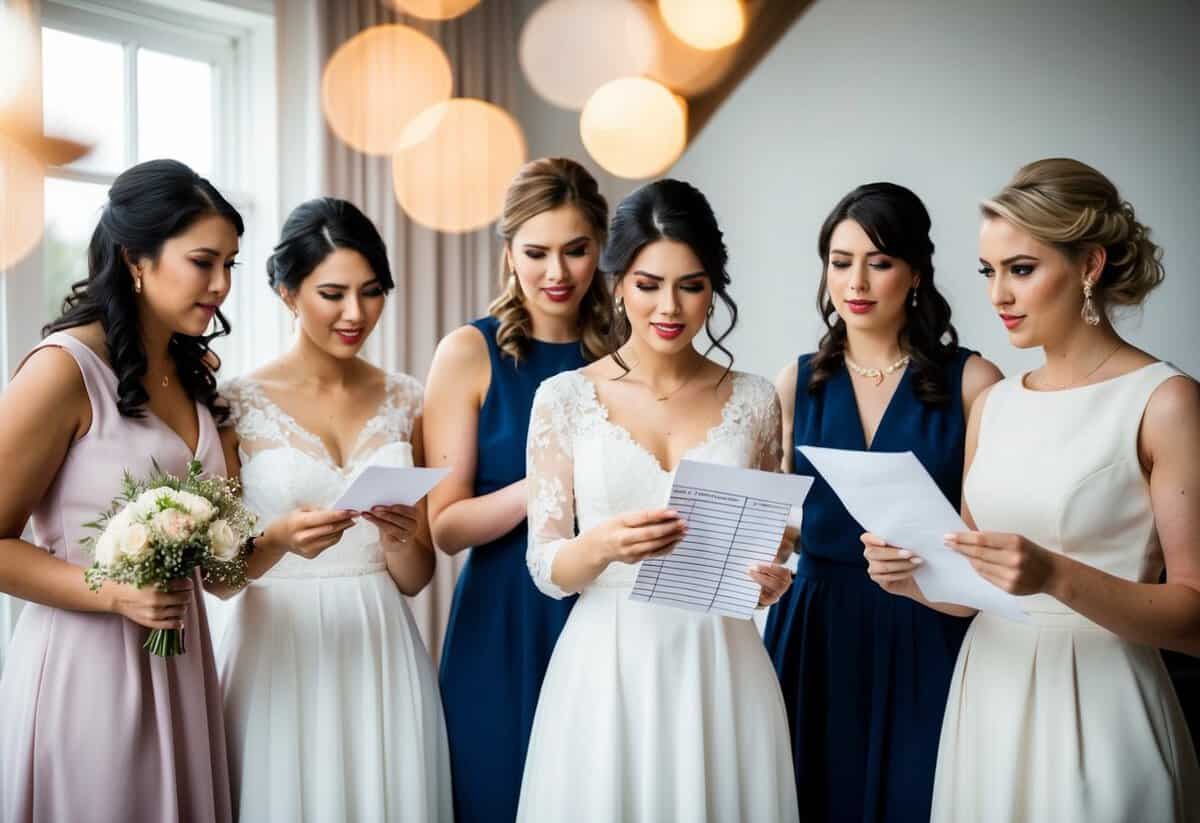 A group of bridesmaids holding various wedding-related items, with one bridesmaid looking at a list of expenses while others discuss payment